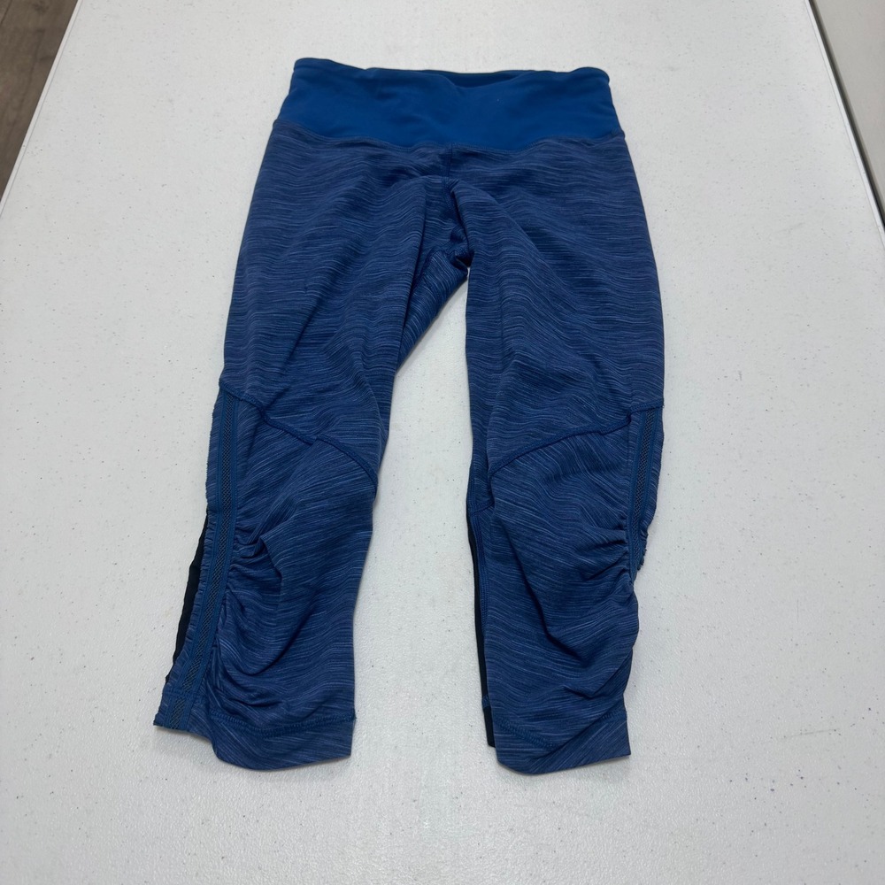 Lululemon Blue Space Dye Ruched Cropped Leggings Mesh Panels Size 4